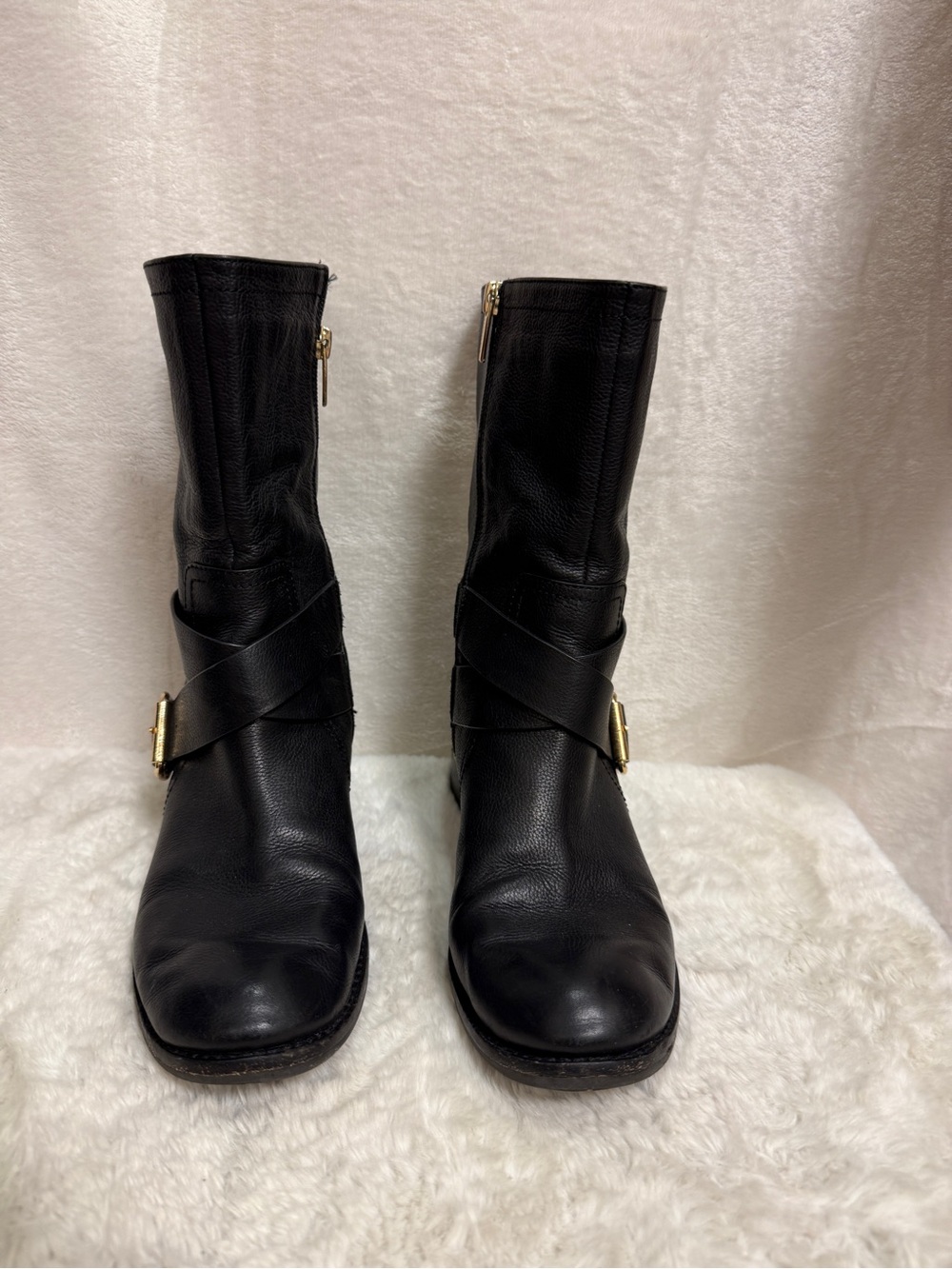 Vince Camuto Black Leather Mid-Calf Buckle Heeled Boots - Picture 3 of 8